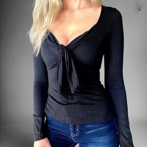 Women's Sexy Low Cut Deep Scoop Sweetheart Neck Tie Front Long Sleeve Top Blouse